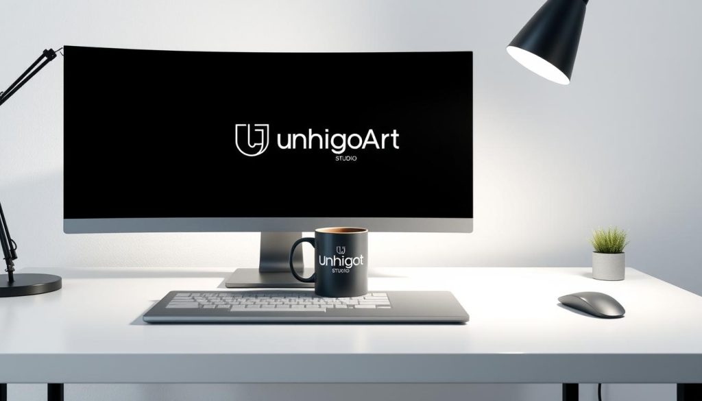A desktop setup in a modern, minimalist studio. On the table, a 3D model of a stylish coffee mug is shown, with the UnhigoArt™ Studio logo prominently displayed. Soft, directional lighting illuminates the model, casting subtle shadows that accentuate its form. The background is a clean, white wall, allowing the product to take center stage. The scene conveys a sense of professionalism, attention to detail, and the ability to customize and present product mockups in a visually compelling manner.