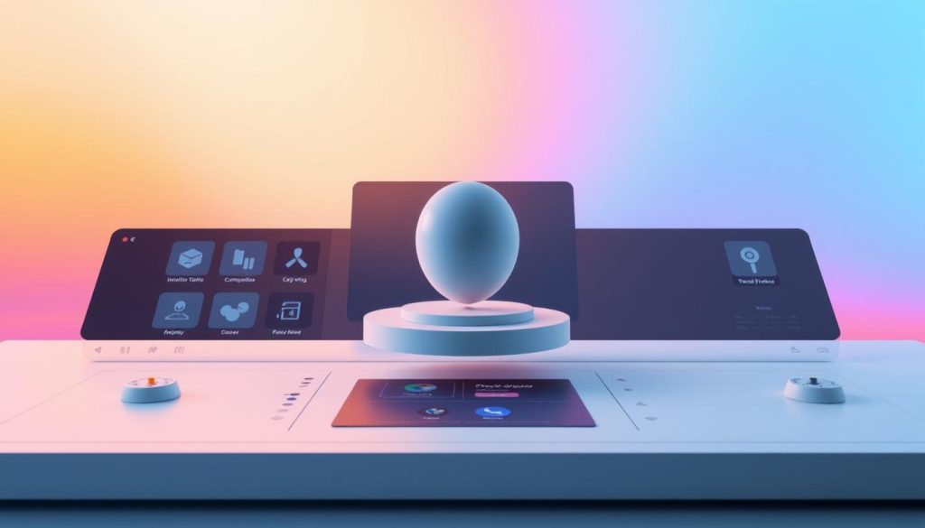 A sleek, modern interface for the UnhigoArt™ Studio platform. In the foreground, a clean dashboard showcases intuitive tools and controls, with a focus on 3D mockup customization. The middle ground features a central 3D model, rotating gracefully, inviting the user to manipulate and personalize it. The background subtly blends vibrant colors and subtle gradients, creating a sophisticated, high-tech atmosphere. Lighting is soft and diffused, highlighting the interface's clarity and attention to detail. The overall composition conveys a sense of streamlined productivity and creative empowerment for the user.