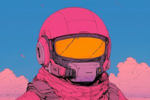 Futuristic astronaut in pink spacesuit