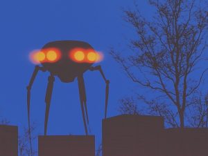 Mechanical creature in desolate landscape